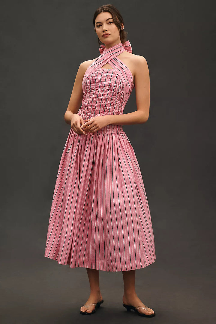 Damson Madder Mia Smocked Midi Dress Pink