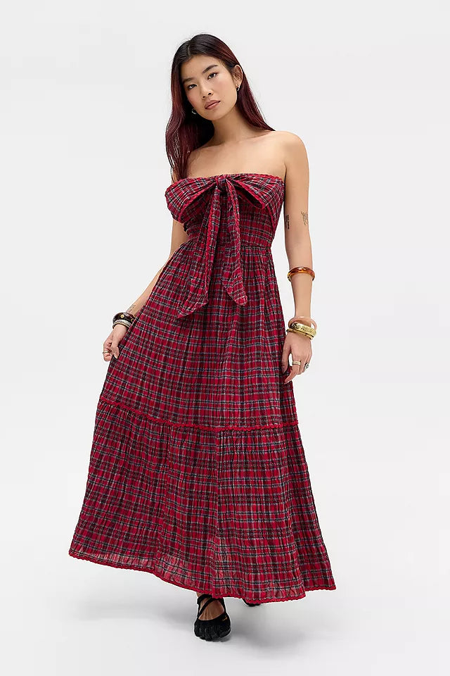 Damson Madder Mia Smocked Midi Dress Red Check