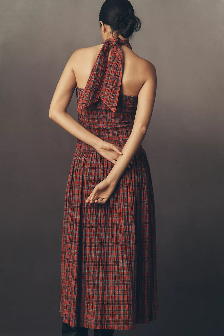 Damson Madder Mia Smocked Midi Dress Red Check