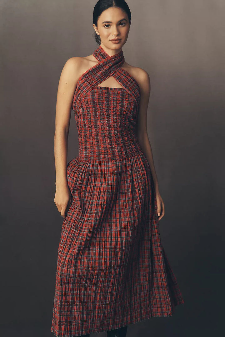 Damson Madder Mia Smocked Midi Dress Red Check