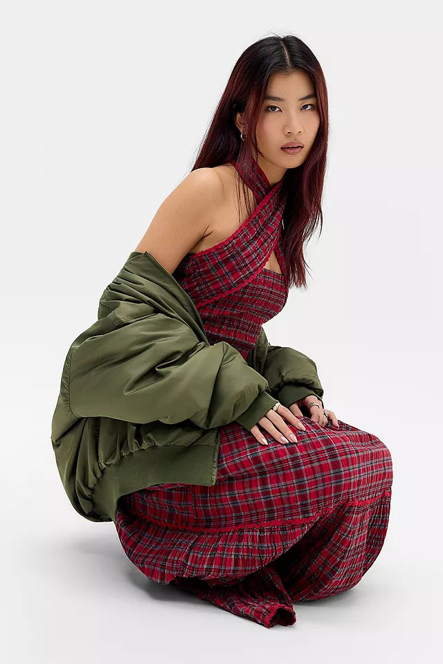 Damson Madder Mia Smocked Midi Dress Red Check