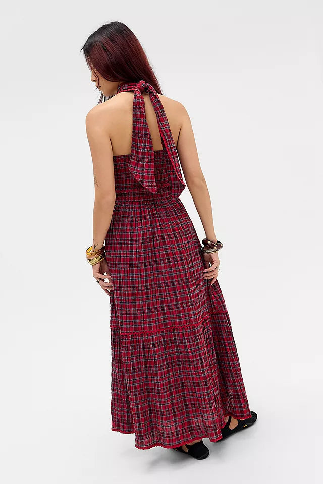 Damson Madder Mia Smocked Midi Dress Red Check