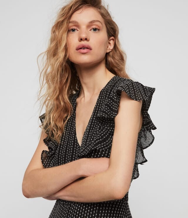 AllSaints Evia Black Midi Dress Maxi Boho Beach Polka Dot