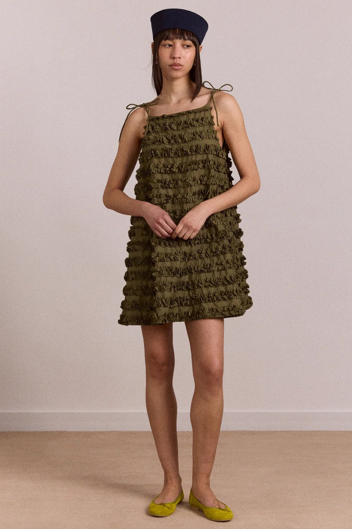 Damson Madder Leili Ruffle Dress Green Mini Cotton