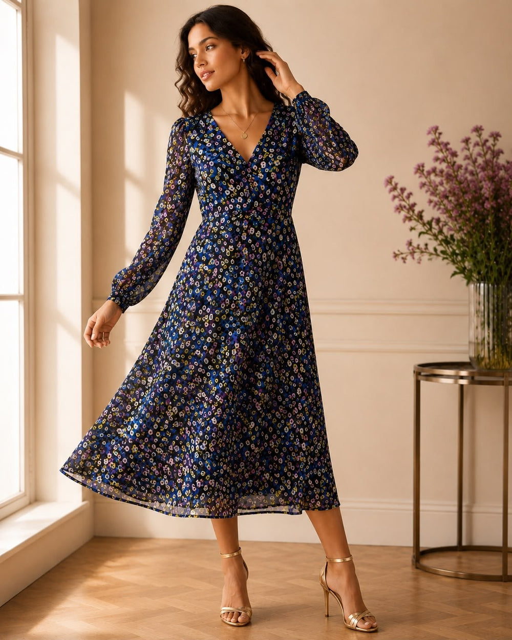 Oliver Bonas Floral Metallic Midi Dress Maxi Boho Beach