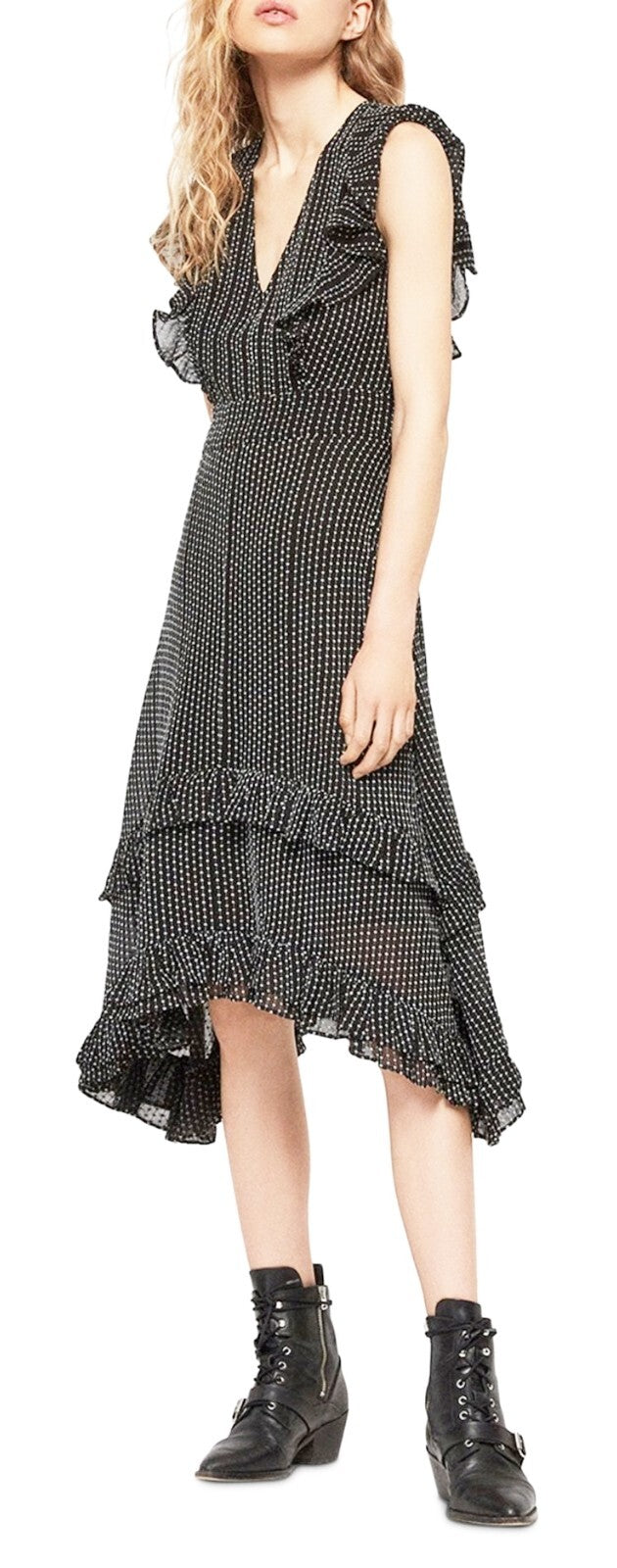 AllSaints Evia Black Midi Dress Maxi Boho Beach Polka Dot