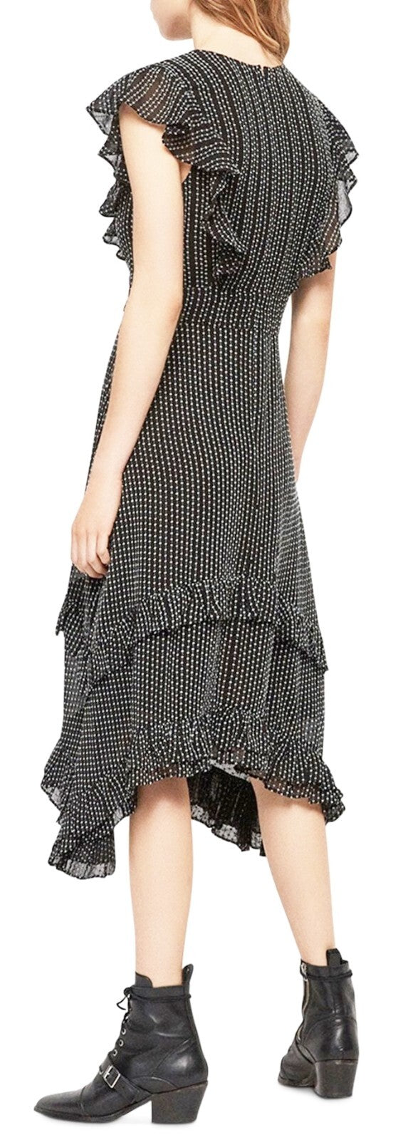 AllSaints Evia Black Midi Dress Maxi Boho Beach Polka Dot