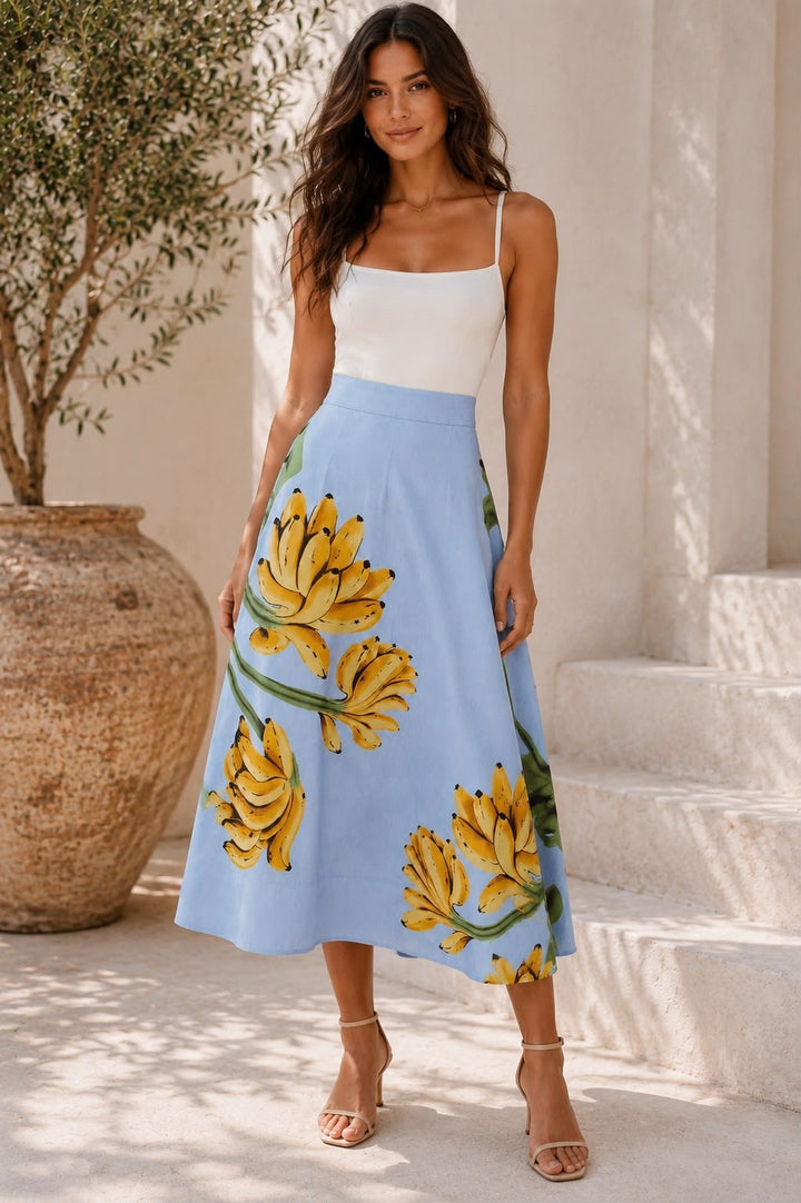 Farm Rio Blue Banana Cocina Cotton Midi Maxi Skirt