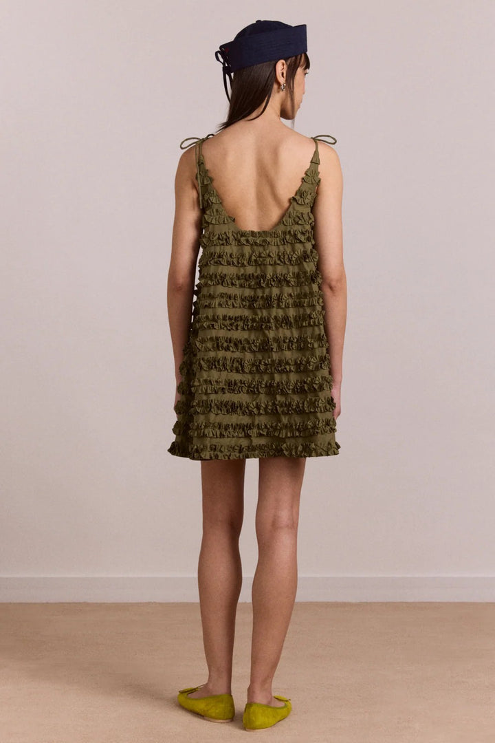 Damson Madder Leili Ruffle Dress Green Mini Cotton