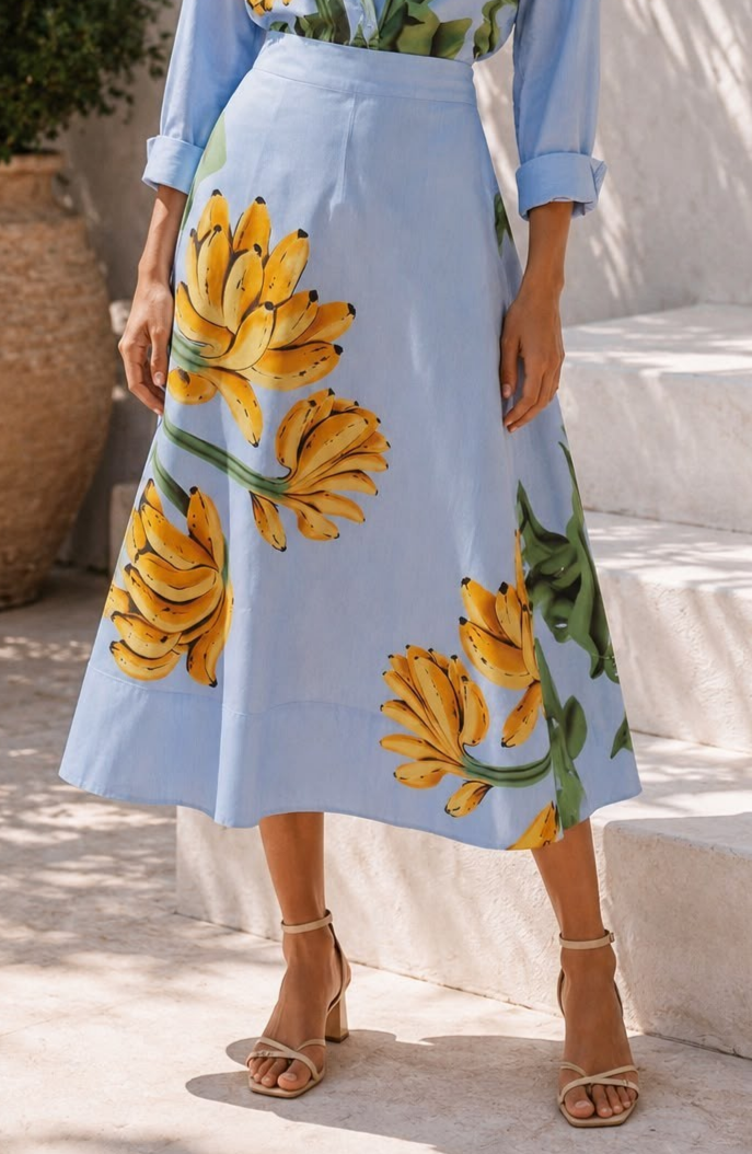 Farm Rio Blue Banana Cocina Cotton Midi Maxi Skirt