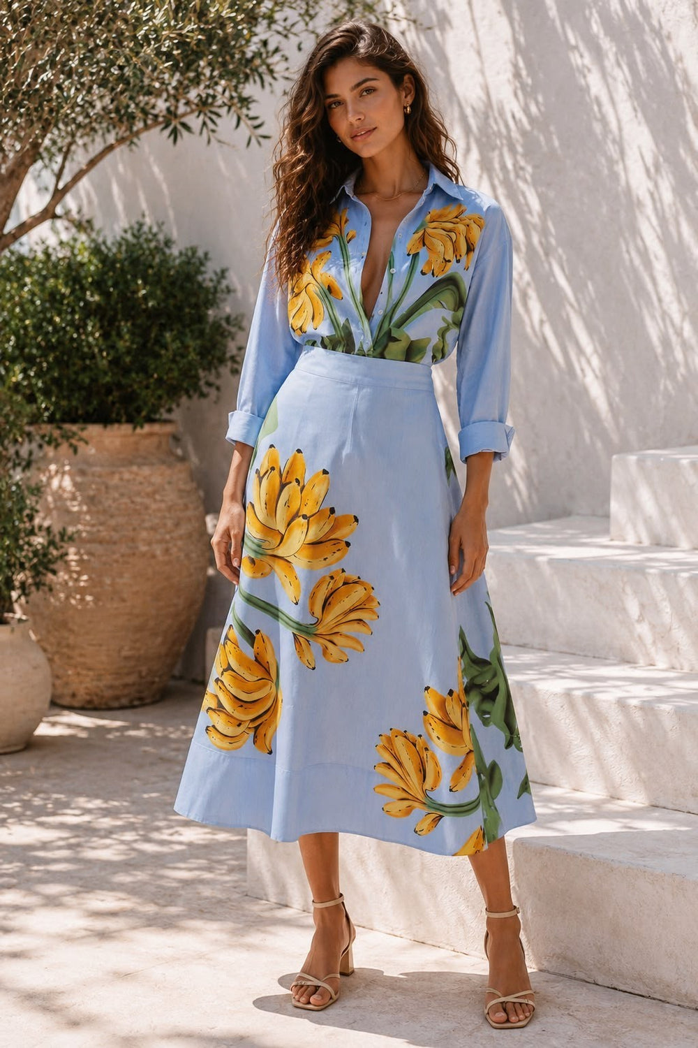 Farm Rio Blue Banana Cocina Cotton Midi Maxi Skirt