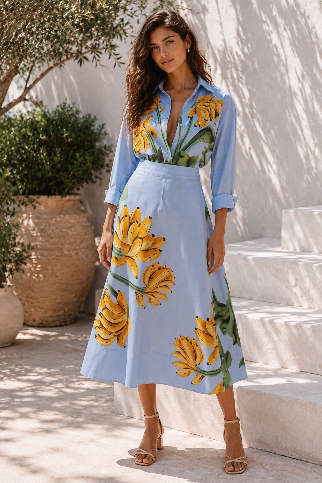 Farm Rio Blue Banana Cocina Cotton Midi Maxi Skirt