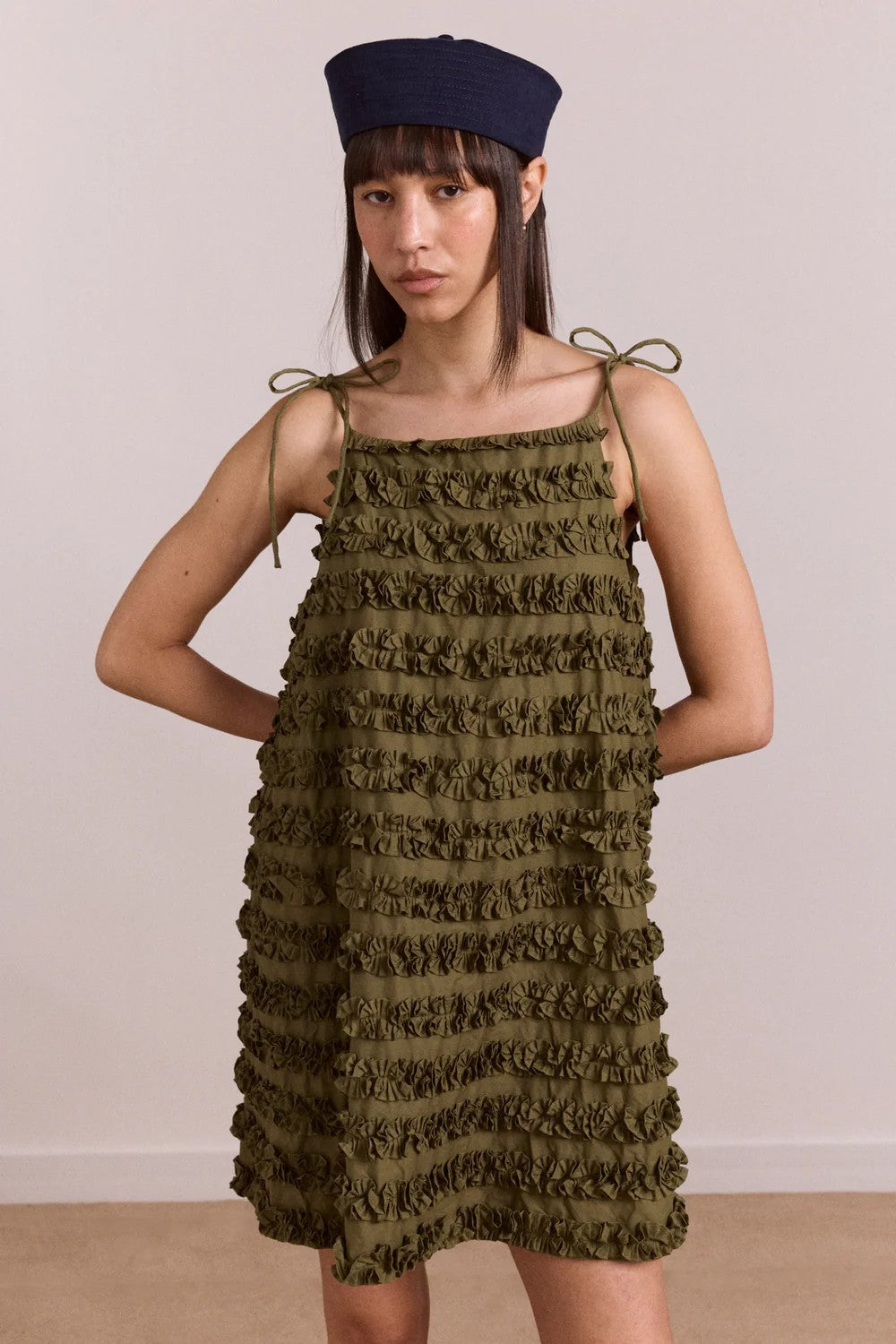 Damson Madder Leili Ruffle Dress Green Mini Cotton