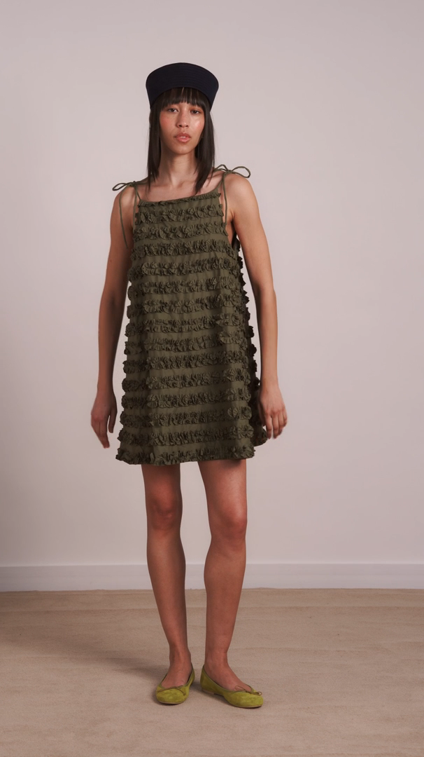 Damson Madder Leili Ruffle Dress Green Mini Cotton