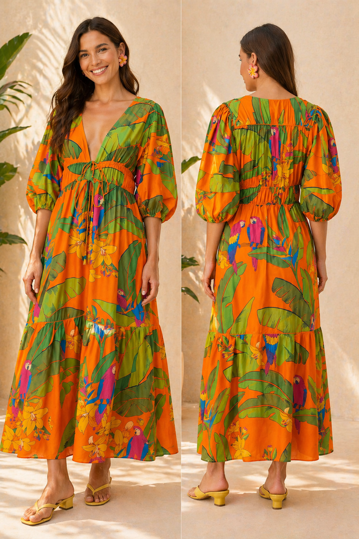 Farm Rio Fresh Macaws Orange Dress