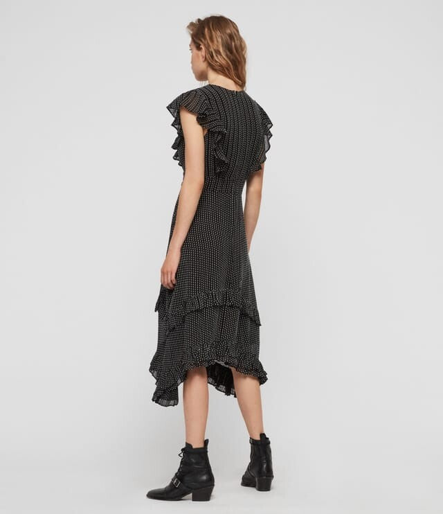 AllSaints Evia Black Midi Dress Maxi Boho Beach Polka Dot