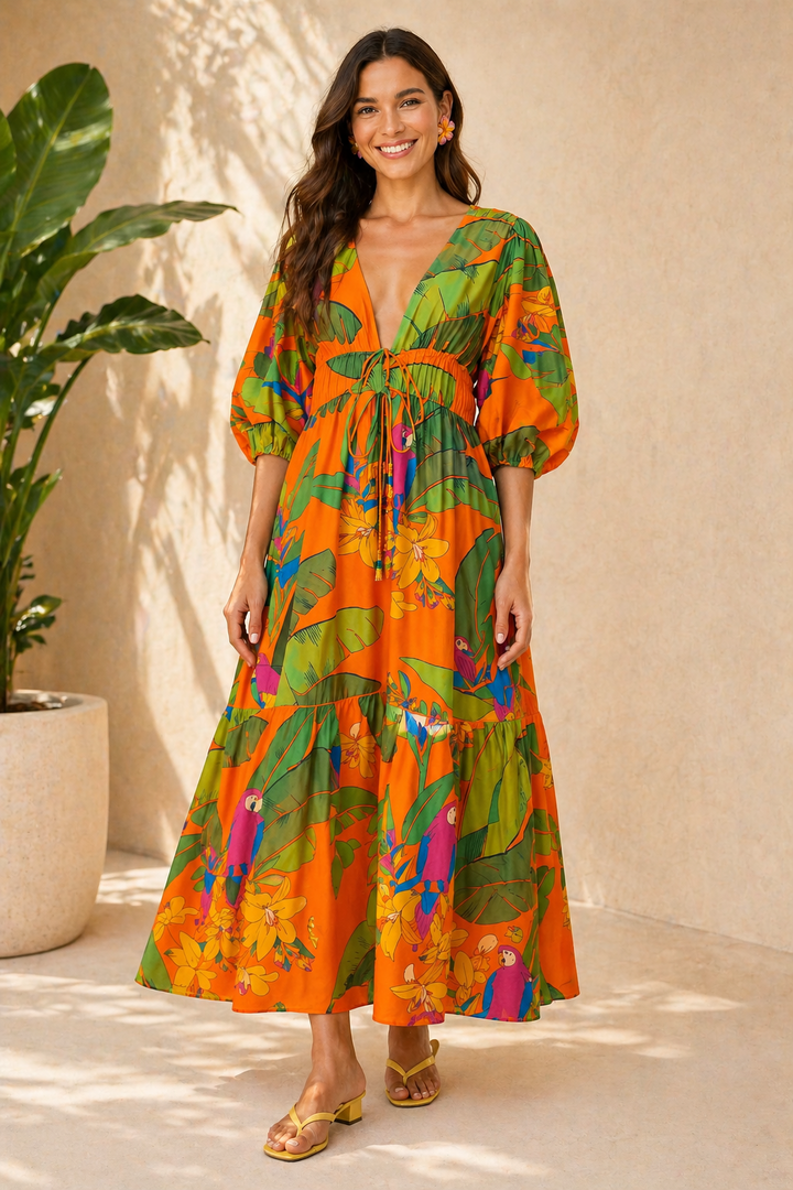 Farm Rio Fresh Macaws Midi Dress Orange Cotton Boho Maxi