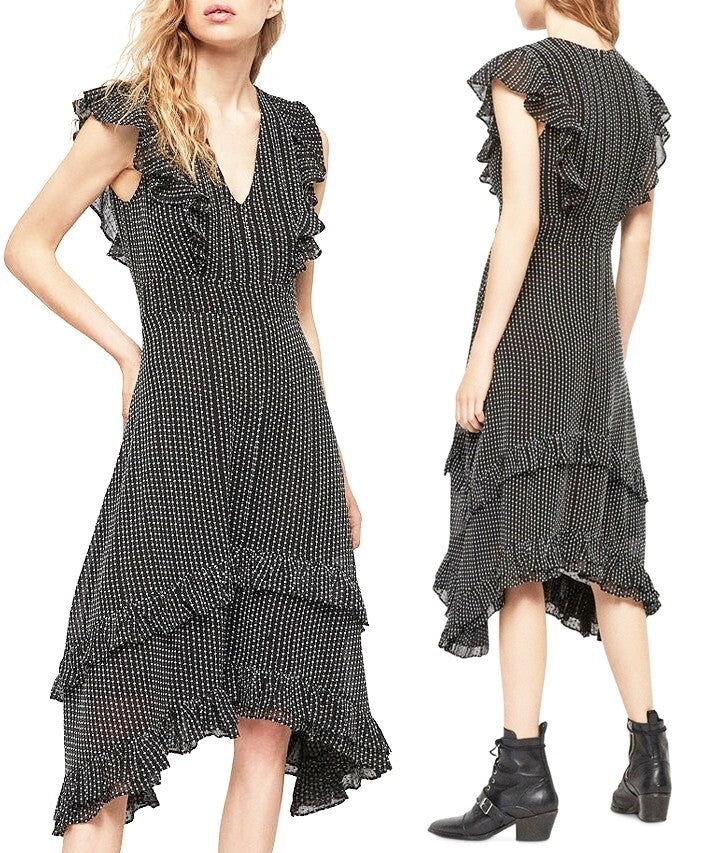 AllSaints Evia Black Midi Dress Maxi Boho Beach Polka Dot