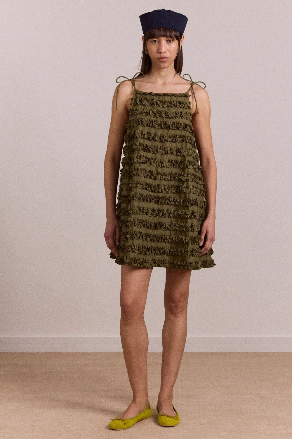 Damson Madder Leili Ruffle Dress Green Mini Cotton