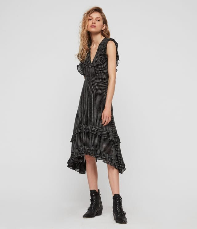 AllSaints Evia Black Midi Dress Maxi Boho Beach Polka Dot
