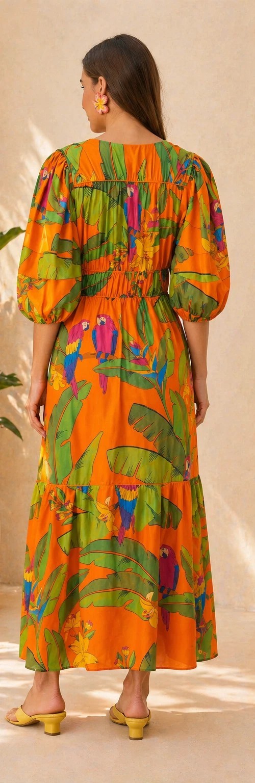 Farm Rio Fresh Macaws Midi Dress Orange Cotton Boho Maxi