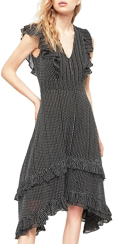 AllSaints Evia Black Midi Dress Maxi Boho Beach Polka Dot