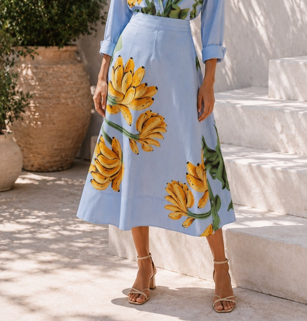 Farm Rio Blue Banana Cocina Striped Midi Maxi Skirt