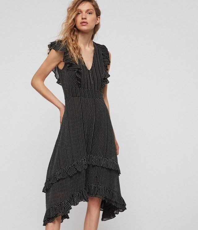 AllSaints Evia Black Midi Dress Maxi Boho Beach Polka Dot