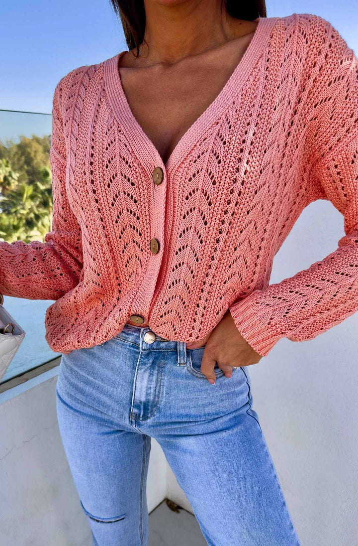 Arlina Crochet Knitted Light Wear Cardigan-Coral