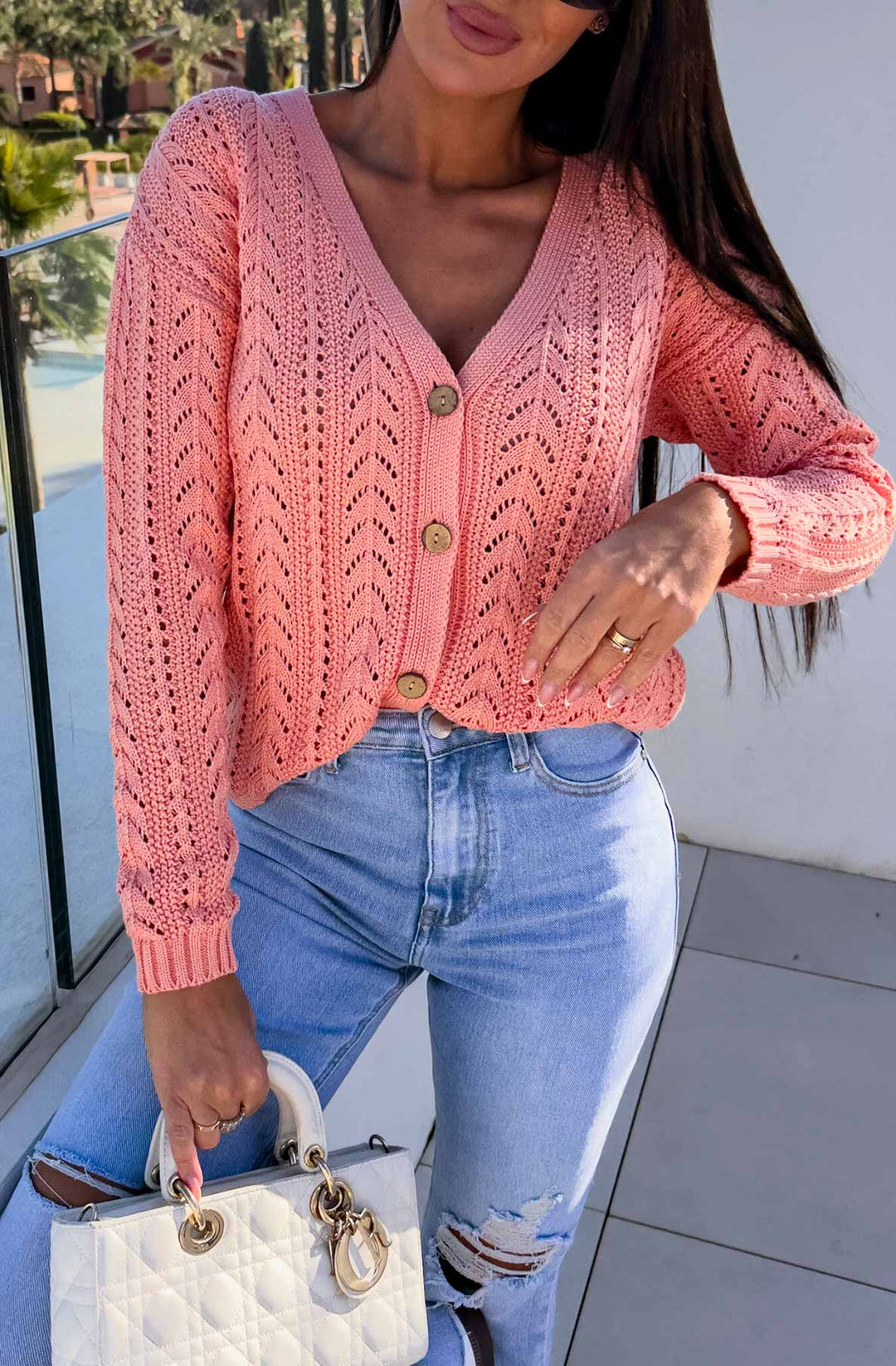 Arlina Crochet Knitted Light Wear Cardigan-Coral