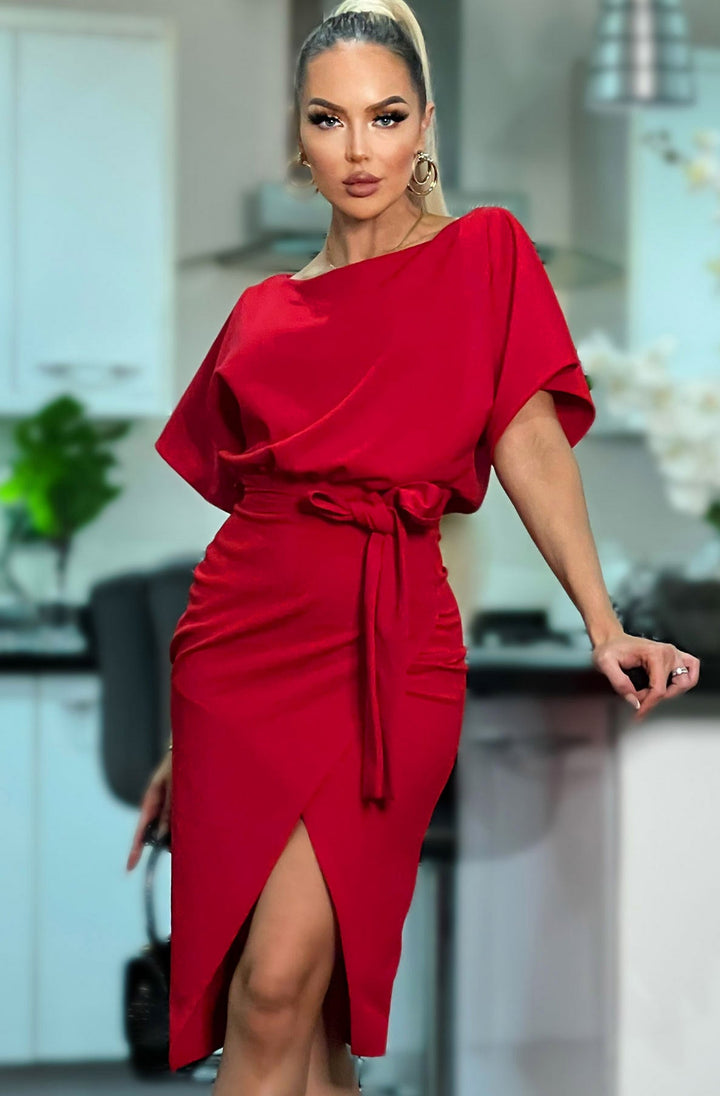 Judith Wrap Batwing Sleeves Bodycon Midi Dress-Red