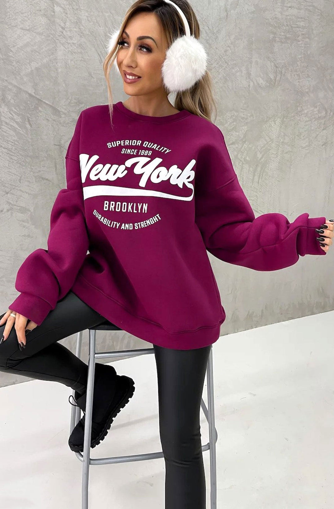 Kelly Oversized 'NY' Printed Jumper Sweatshirt-Cherry