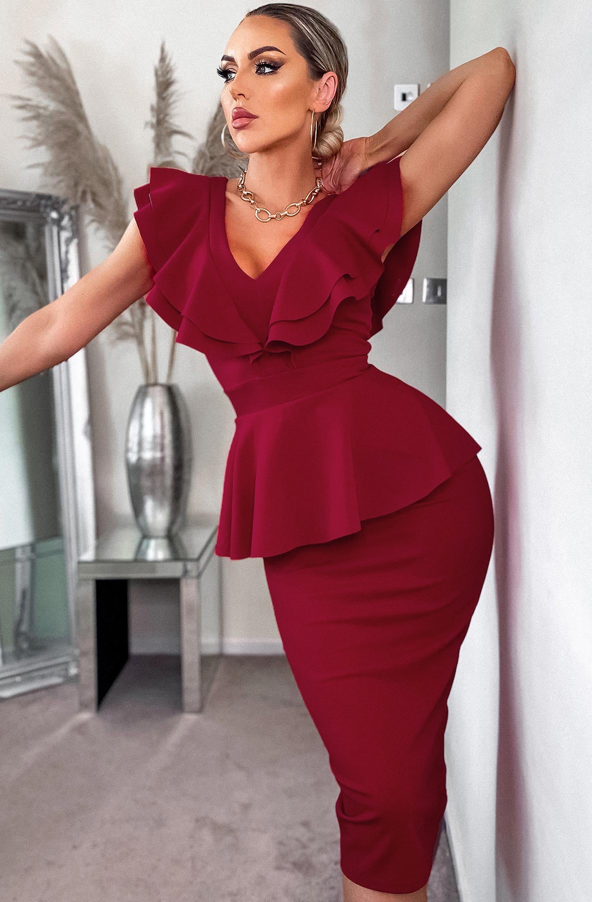 Red peplum midi store dress